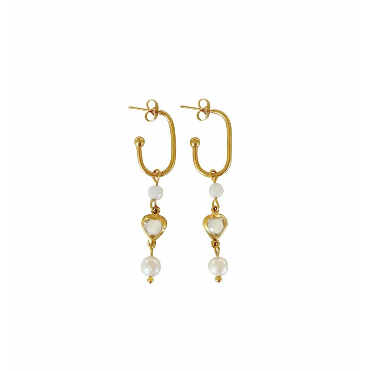 Kristal Hart Oorbellen Goud met Maansteen & Parel – elegante en betekenisvolle eyecatchers