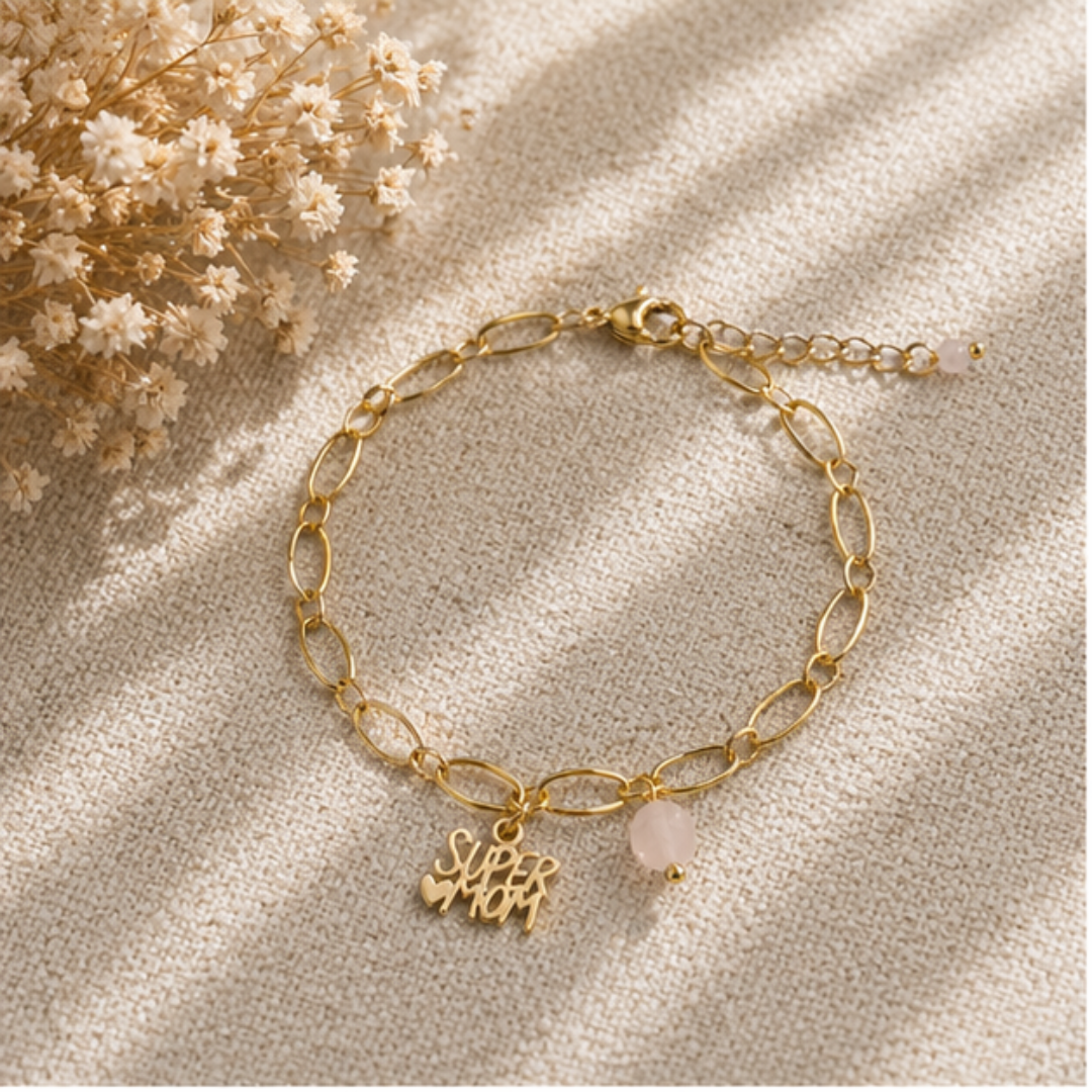 Super Mom Armband Goud met Rozenkwarts – een liefdevol en krachtig cadeau voor mama