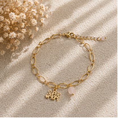 Super Mom Armband Goud met Rozenkwarts – een liefdevol en krachtig cadeau voor mama