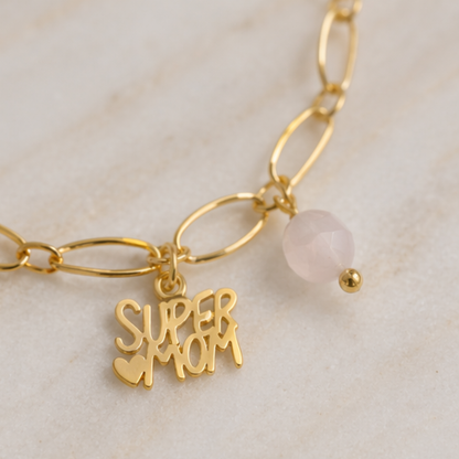 Super Mom Armband Goud met Rozenkwarts – een liefdevol en krachtig cadeau voor mama