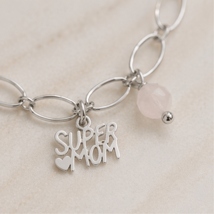Super Mom Armband Zilver met Rozenkwarts – een liefdevol en krachtig cadeau voor mama