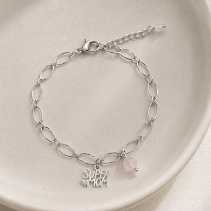 Super Mom Armband Zilver met Rozenkwarts – een liefdevol en krachtig cadeau voor mama
